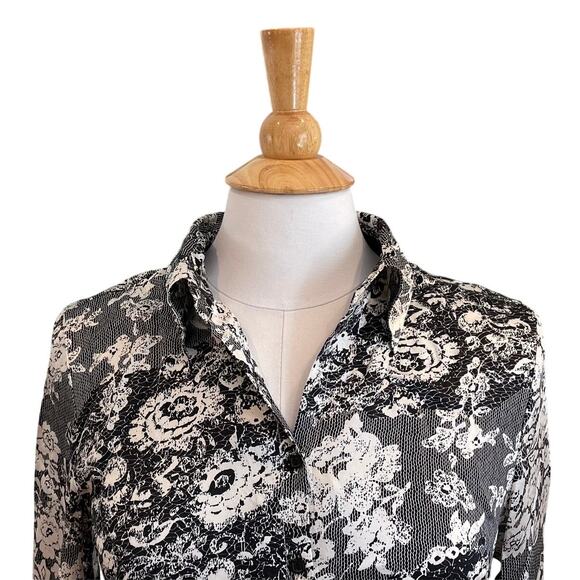 apt. 9 Silk Floral Long Sleeve Button Down Blouse, Black, White, Wide Cuff, S-M - Picture 2 of 12